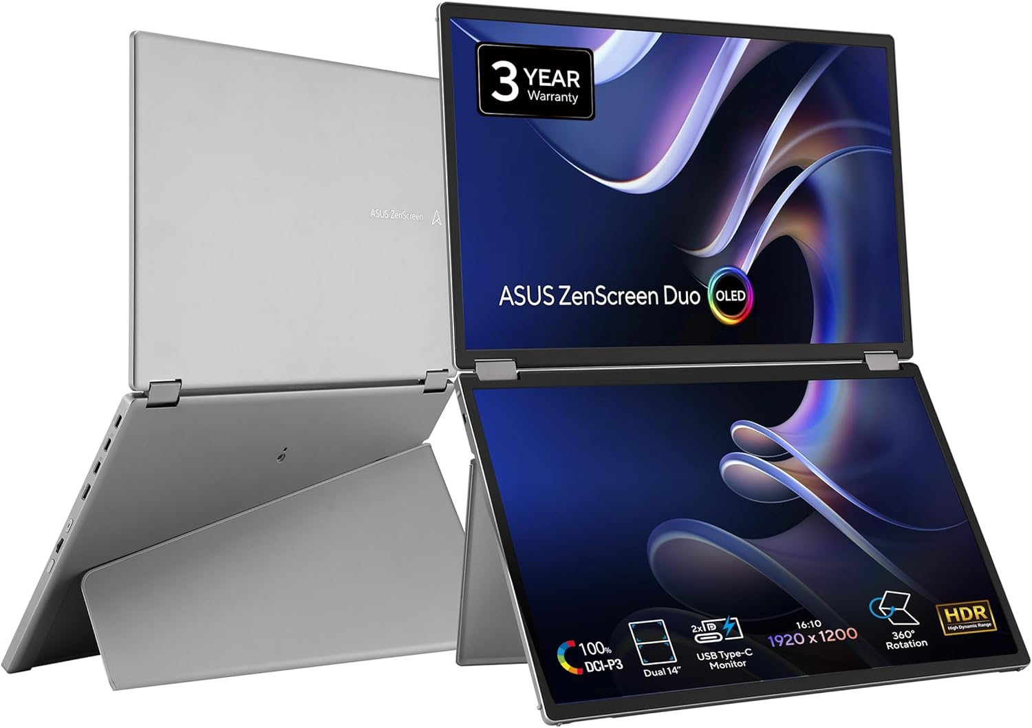 ASUS ZenScreen Duo OLED 360° Foldable Portable Monitor (MQ149CD) - Dual 14-inch  16:10  1920x1200  DisplayHDR400 True Black  100% DCI-P3  Delta