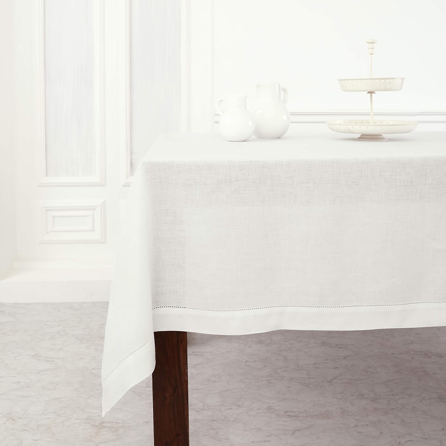 Solino Home Linen Tablecloth for Rectangle Tables 60 x 90 Inch - Classic Hemstitch 100% Pure Linen White Table Cloth - Machine Washable Cloth Tablecloth for Mothers Day, Spring, Summer, Memorial Day