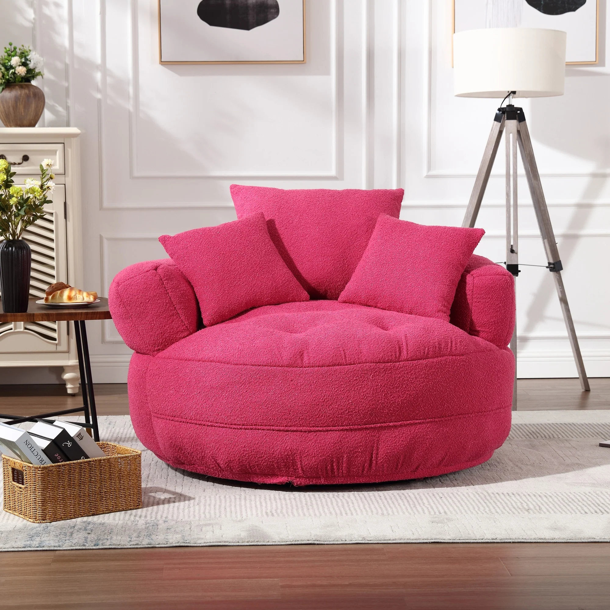 Boucle Upholstered Tufted Barrel Accent Living Room Chair With Toss Pillows