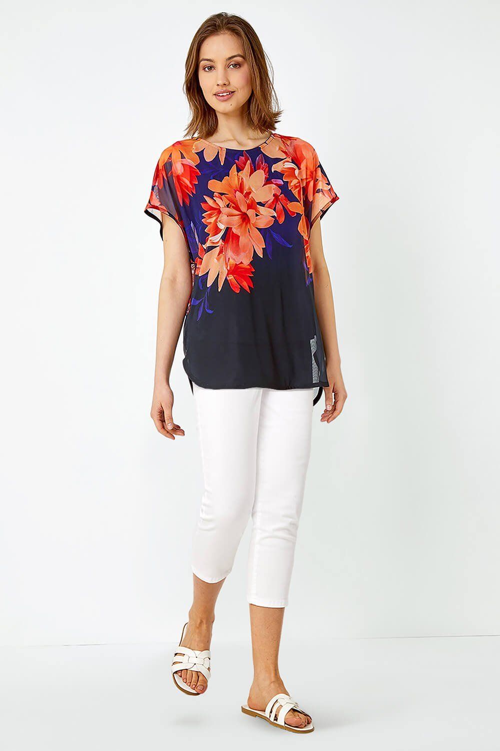 Roman Floral Print Overlay Stretch Top