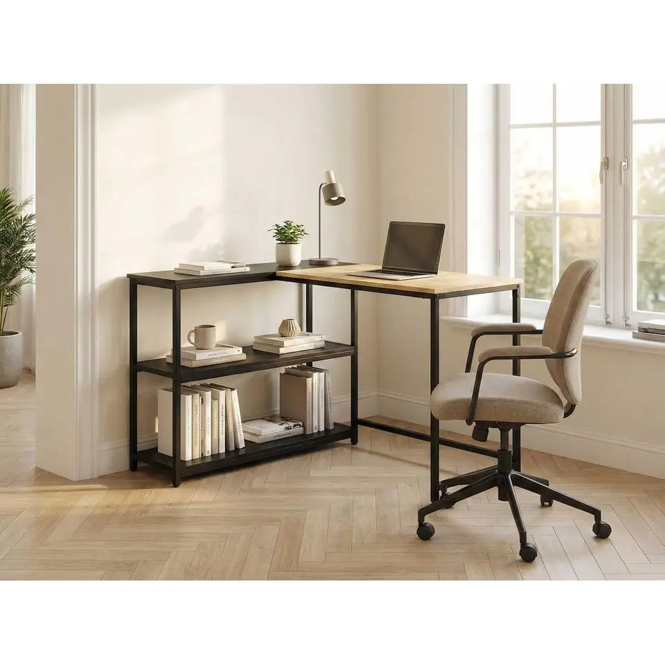 Hoekbureau Schmitt - 110x80x76cm - met opbergruimte - eikdecor/zwart