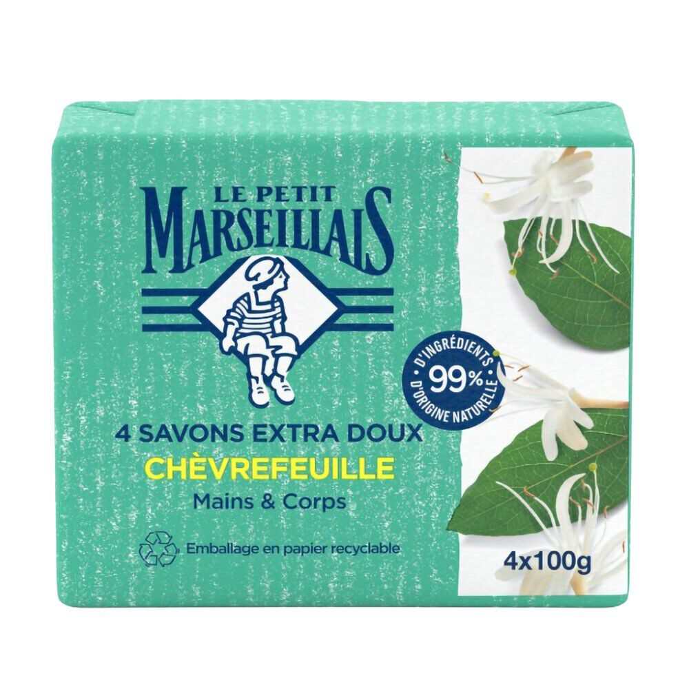Savon solide Le Petit Marseillais mains et corps chèvrefeuille 4x100gr
