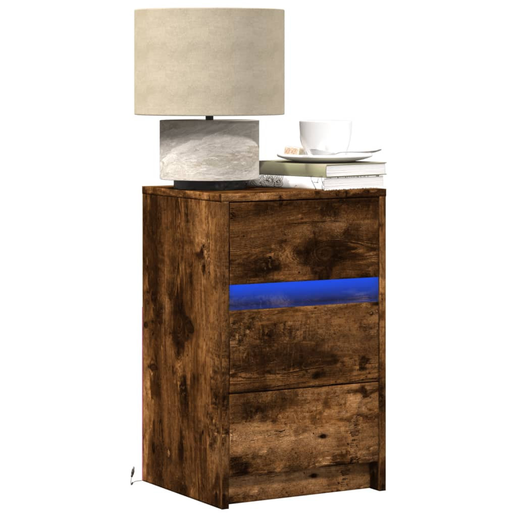 Szafka Nocna Stolik Komoda Brązowa z Szufladą z LED Do Sypialni 38x34x61 cm