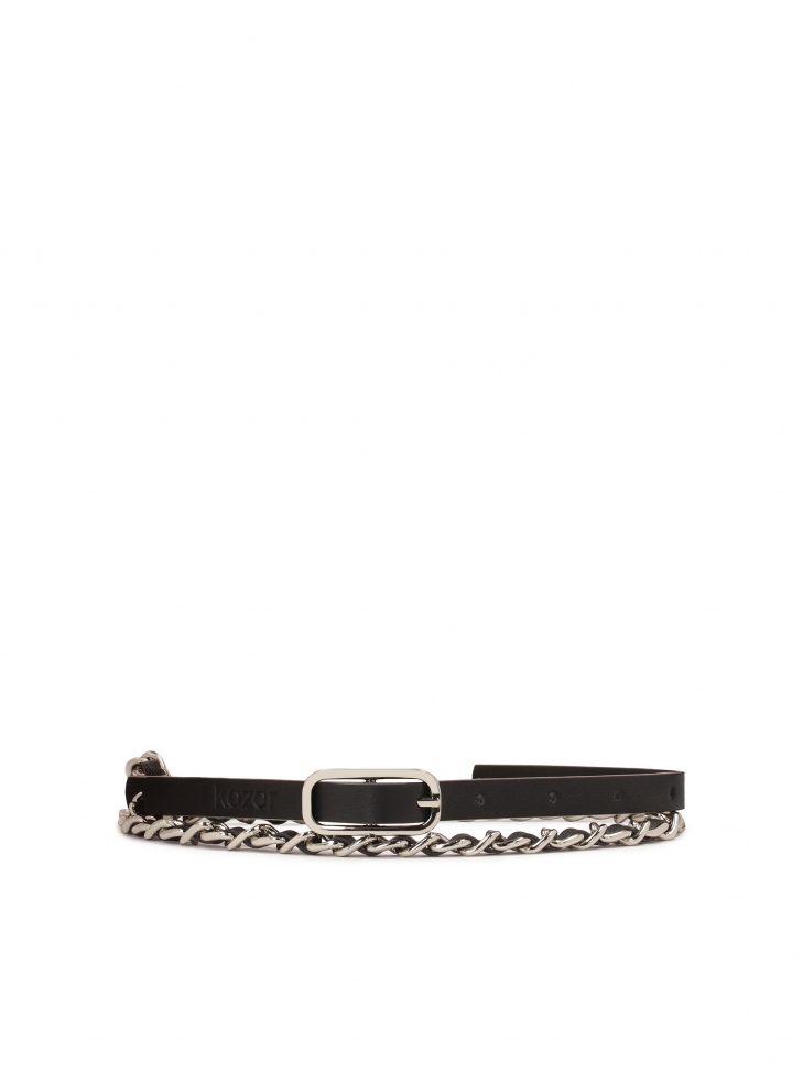 Narrow leather belt with metal chain