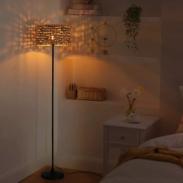 Lampe sur Pied en Rotin Tressée à la Main avec Interrupteur de Câble Douille E27 pour Salon et Chambre