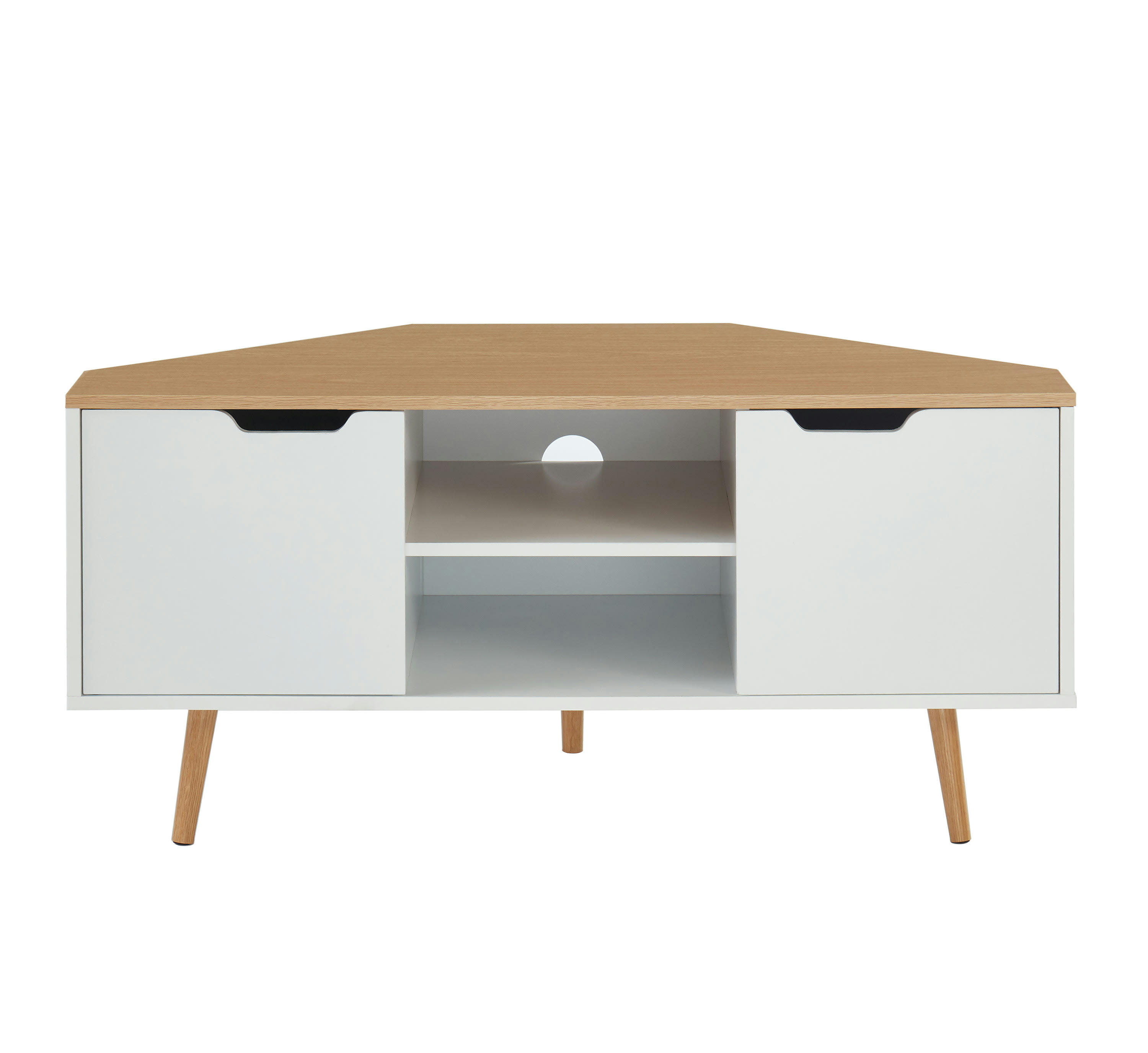 LYNA - Meuble tv d'angle   blanc et effet bois et chêne  2 portes 115cm