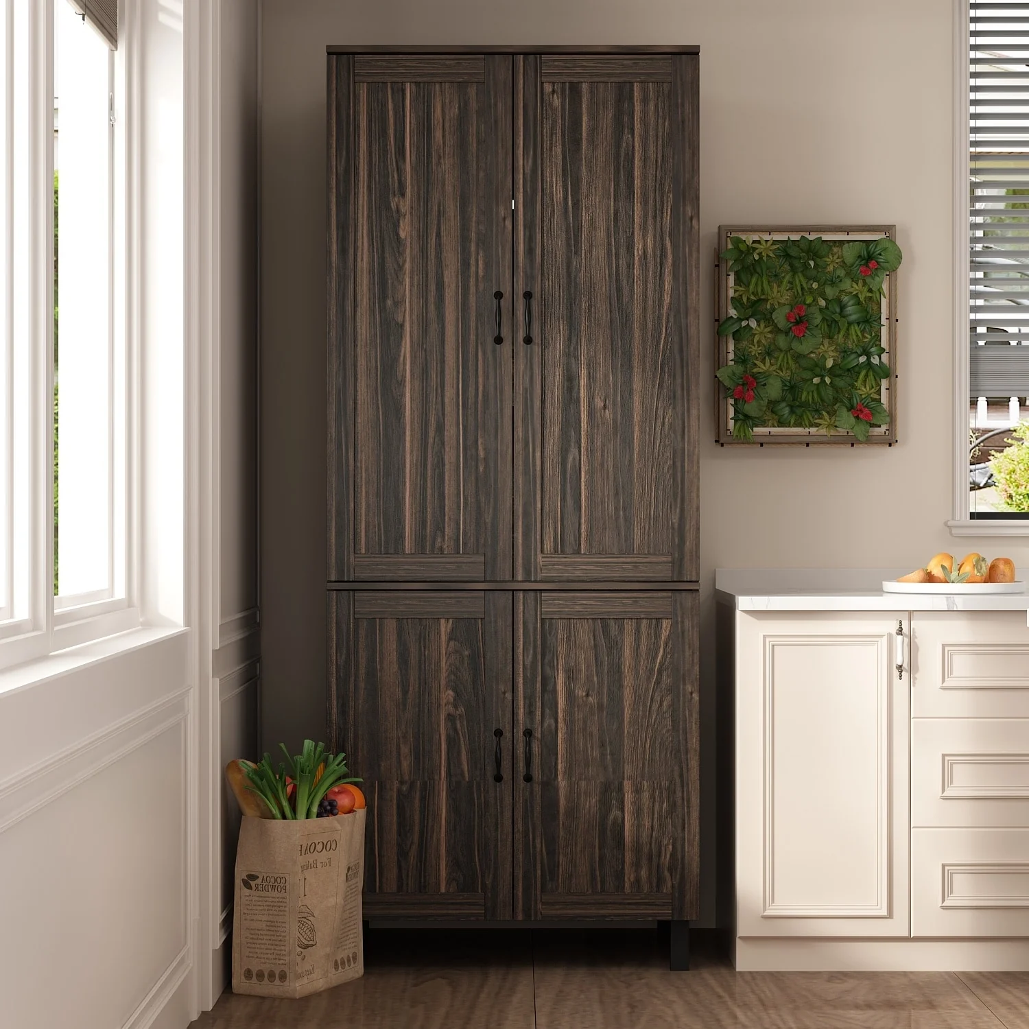 Space-Saving Storage Solution Pantry Cabinet w/Dark Wood Grain Kitchen - 31.5Wx23.6Dx78.7H