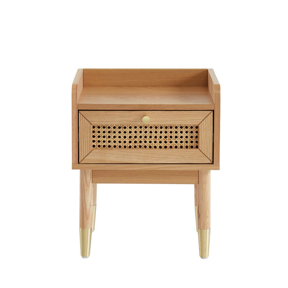 BOMBONG - Table de chevet 1 tiroir en bois et cannage bois clair