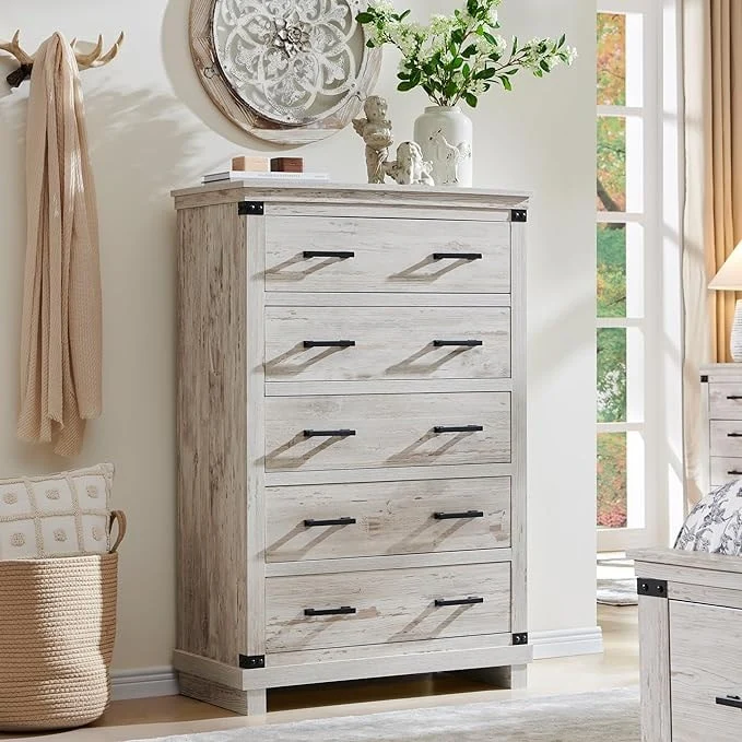 Farmhouse 5 Drawers Dresser, Wood Chest of Drawers, Closet Dresser