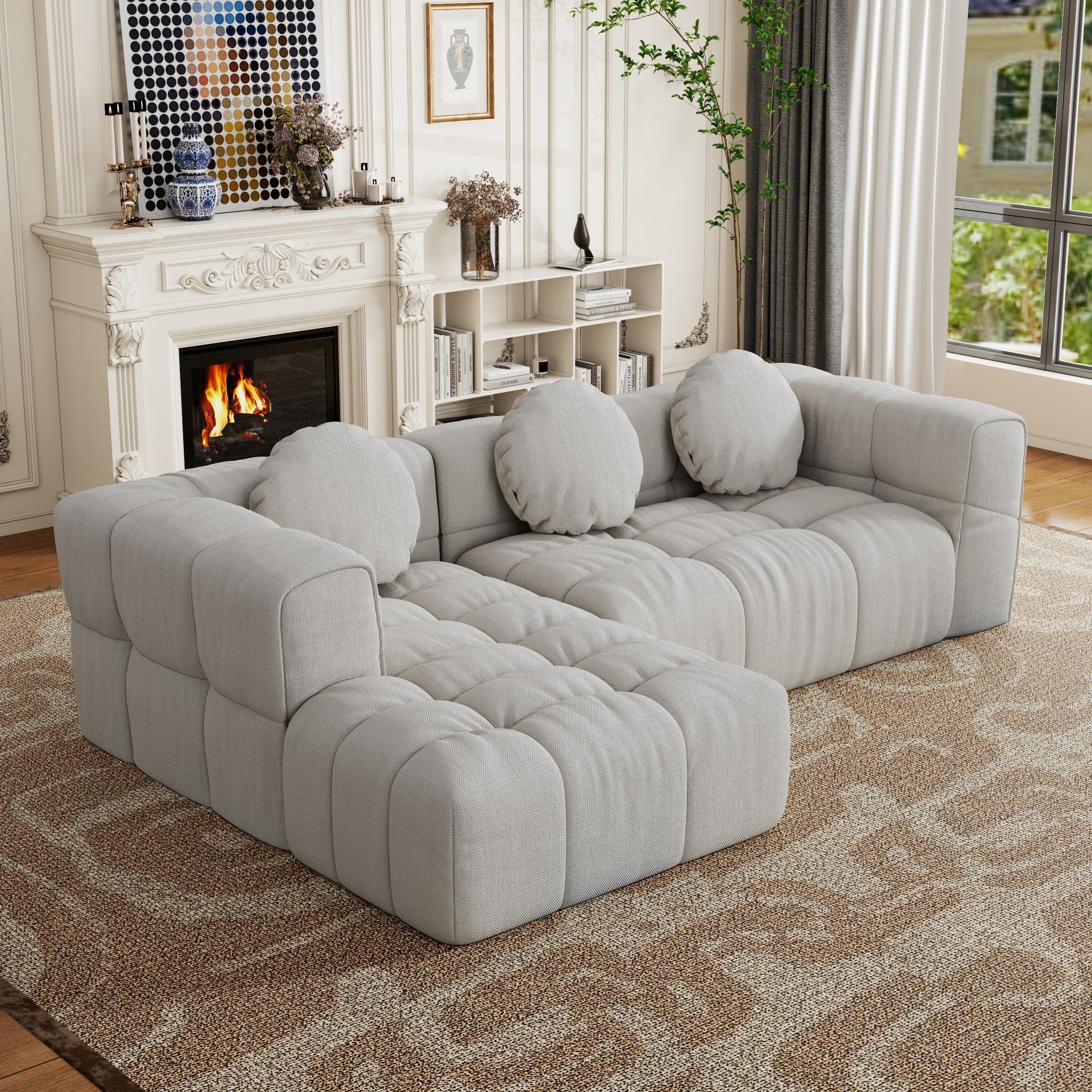 Modern upholstered combination sofa set,fully compressed modular L-shaped combination with 3 pillows,free combination sofa