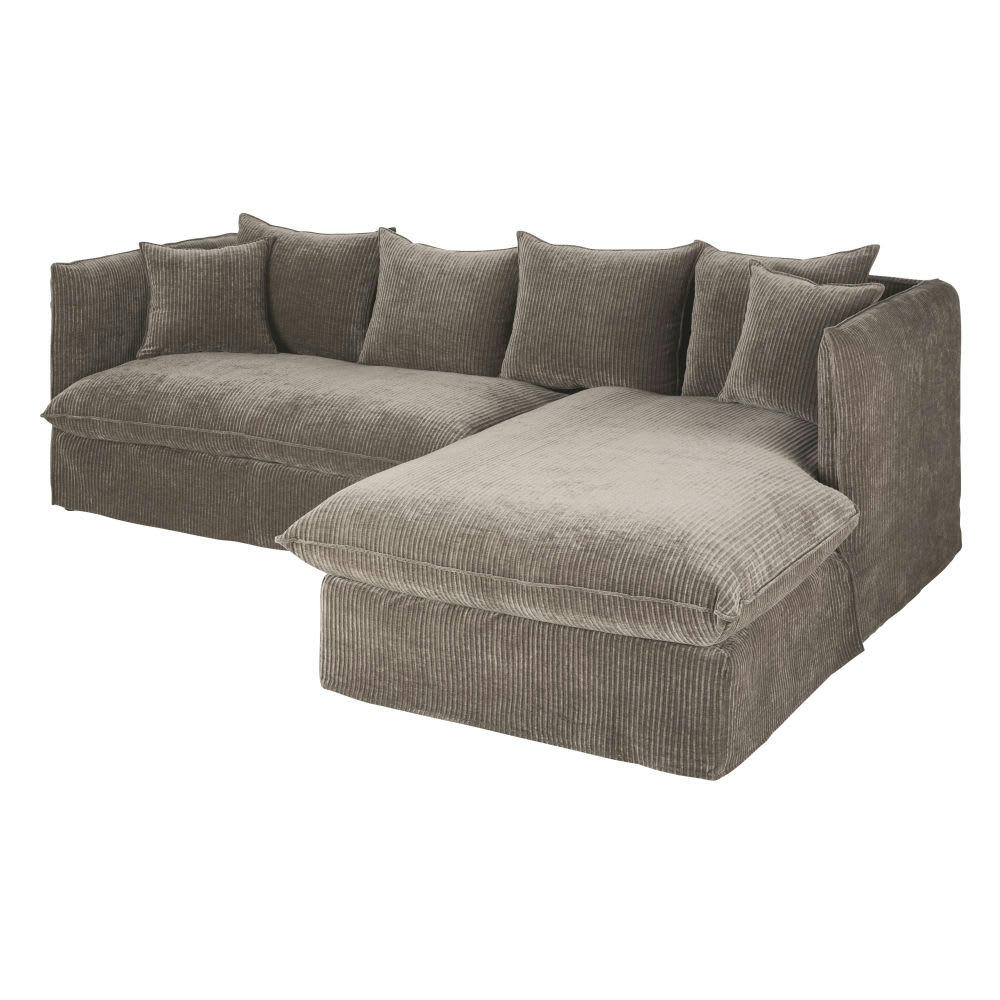 Louvain - Canapé d'angle droit 3/4 places en velours côtelé marron écorce