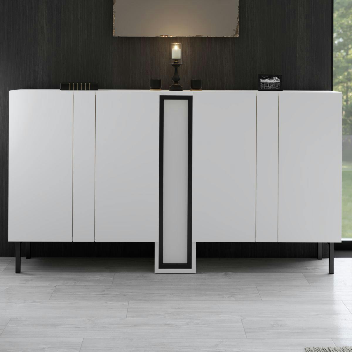 Buffet salle à manger blanc 4 portes colonne LED AURA