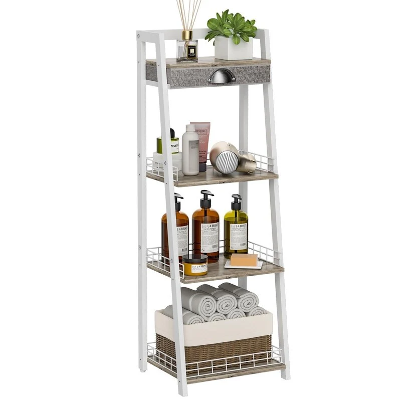 3 Tier Narrow Bathroom Shelf with Drawers, Bathroom Organizer, Open Floor Standing Ladder Rack for Tight Spaces