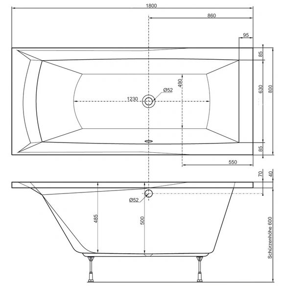 Badewanne »Porta«, BxHxL: 80 x 50 x 180 cm, Körperform