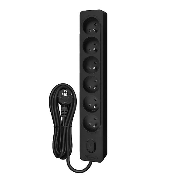Multiprise SELDUR G6FA32S, 6 prises type E   interrupteur à voyant, Noir, câble 3m