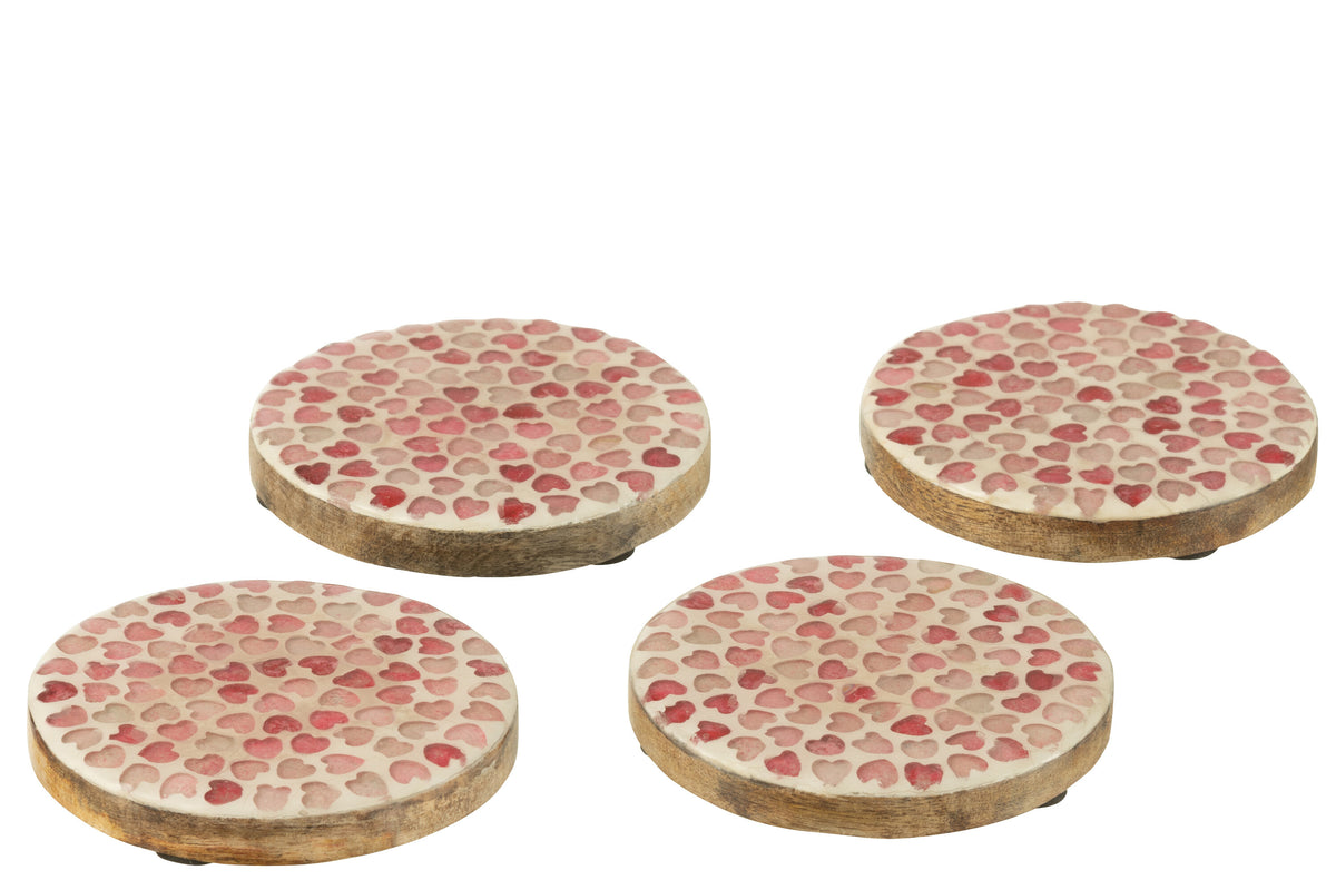 J-Line onderzetter Hart Mozaiek - hout - roze - set van 4