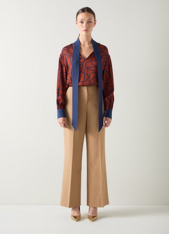 Lucille Rope Print Orange Silk Tie Neck Blouse