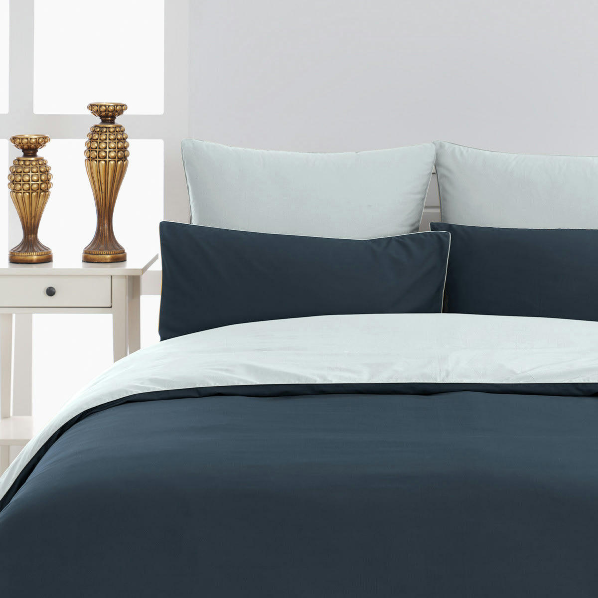 DOZMARY - Housse de couette bicolore en percale coton  indigo/nuage 200x200 cm