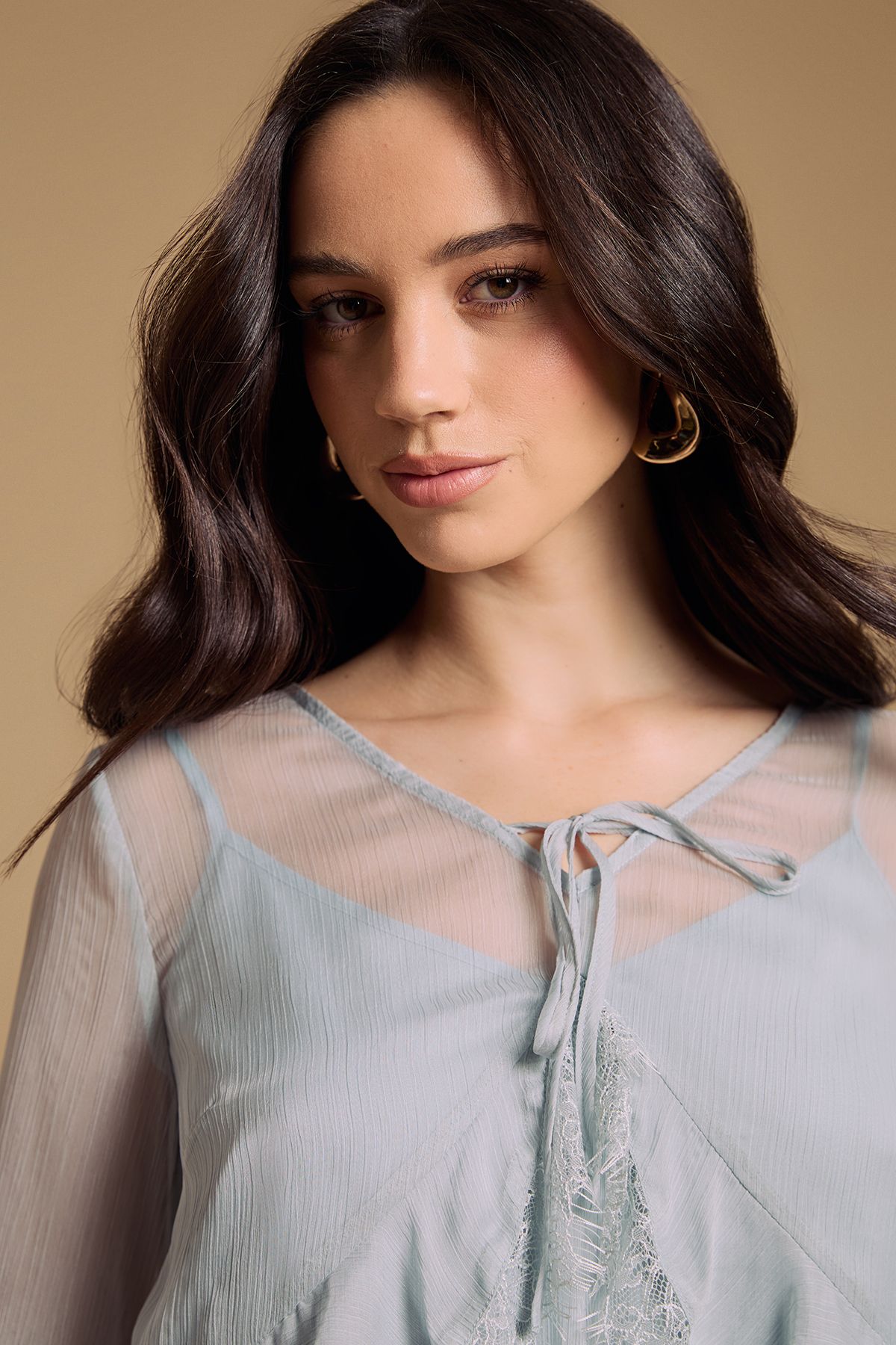 Oasis Fluted sleeve lace trim blouse