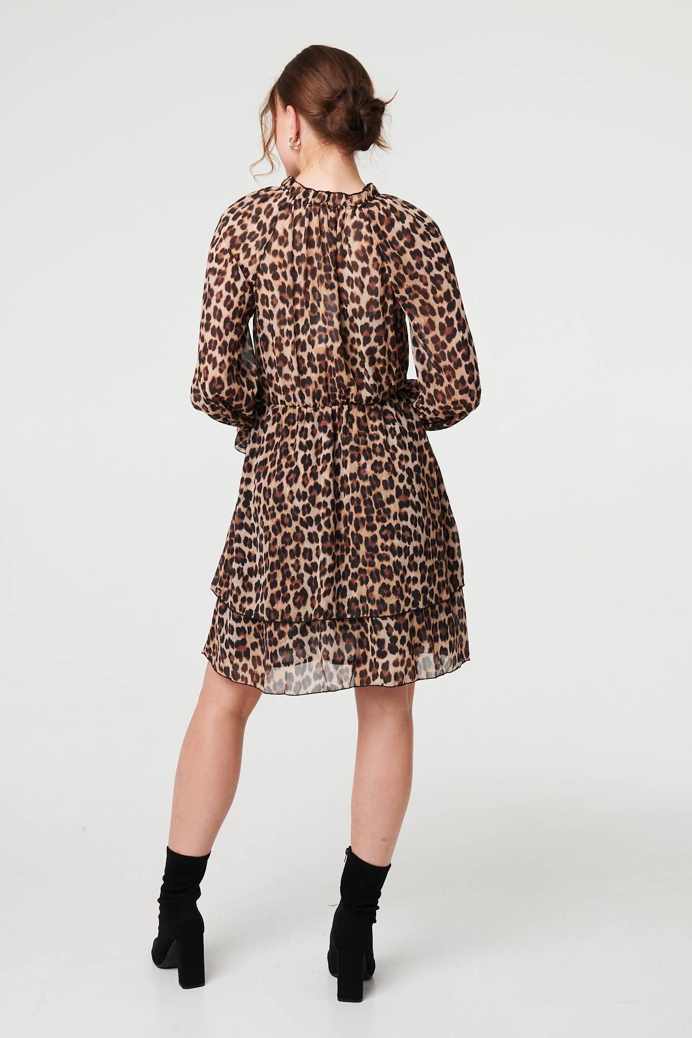 Izabel London Animal Print Ruched Tie Neck Short Dress