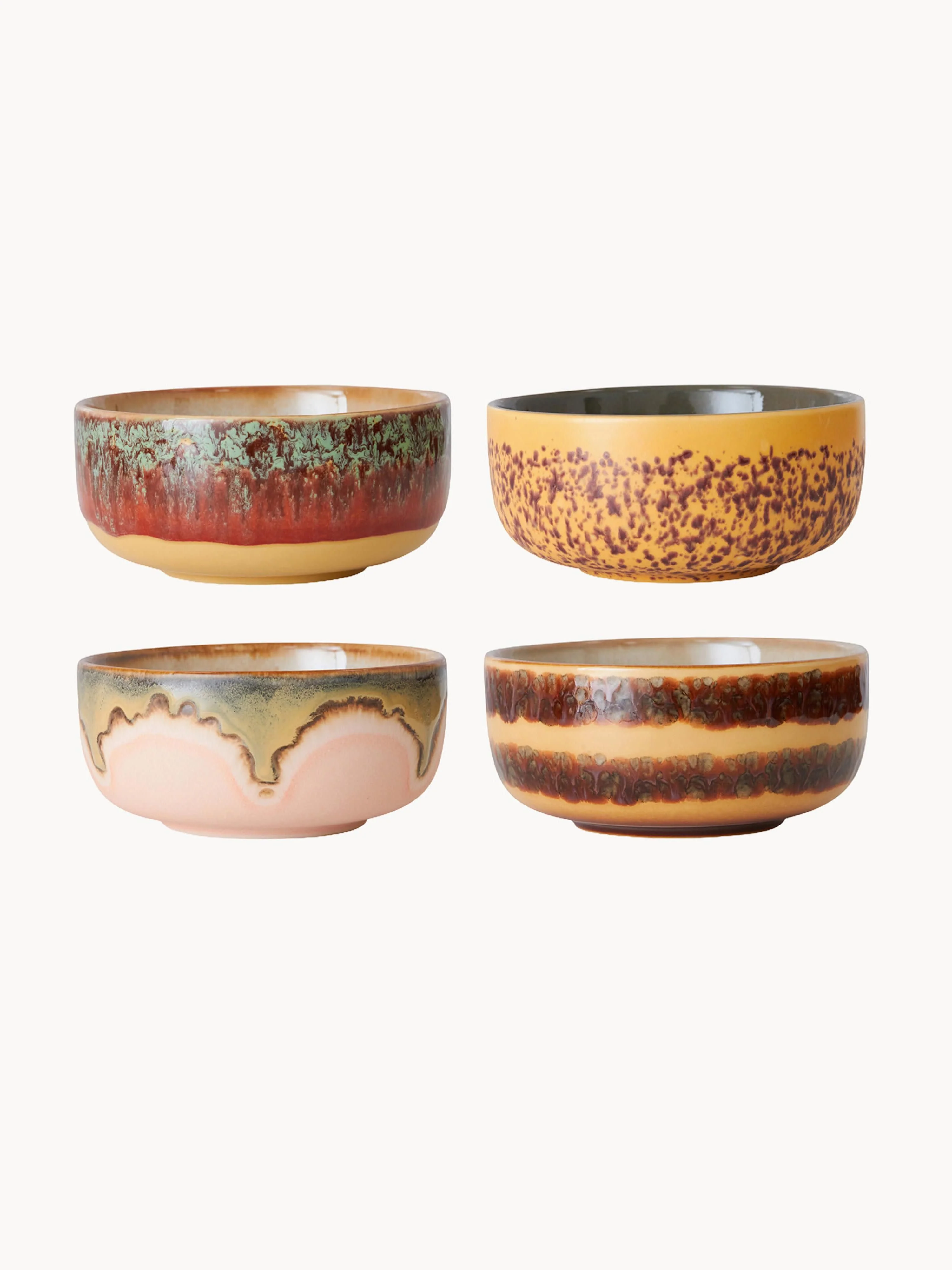 Handgemachte Schälchen 70's mit reaktiver Glasur, 4er-Set