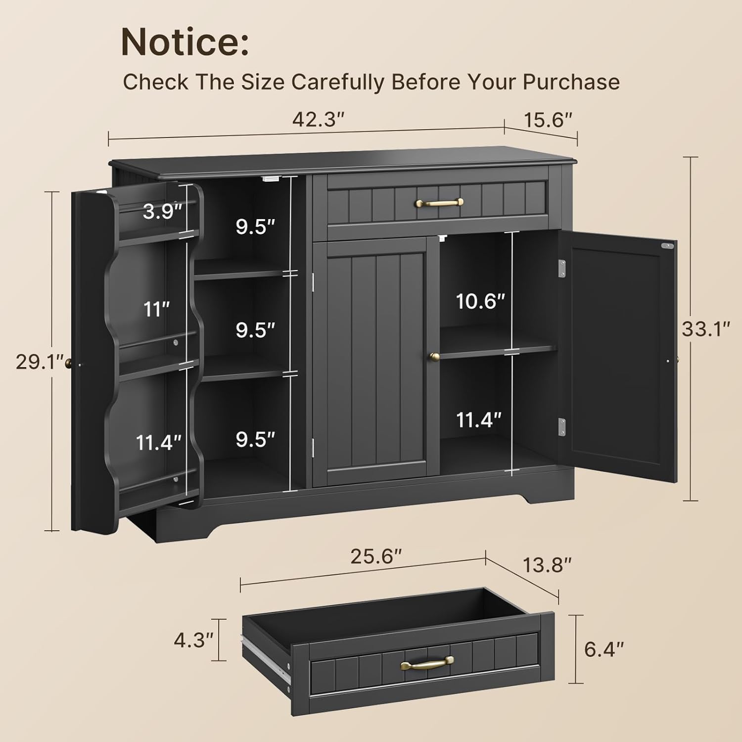 Gizoon Kitchen Sideboard Buffet Cabinet with Storage Small Coffee Bar Cabinet with Drawer, Kitchen Pantry Storage Cabinet with Door and Shelves for Bathroom and Living Room, Black