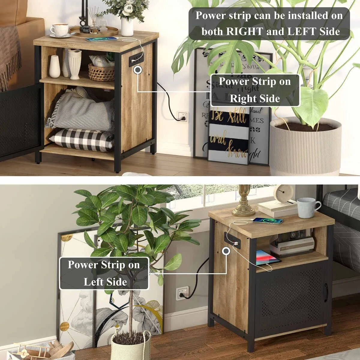 End Table with Charging Station, Farmhouse Side Table with Storage, Rustic Wood and Metal Nightstand and Bedside Tables