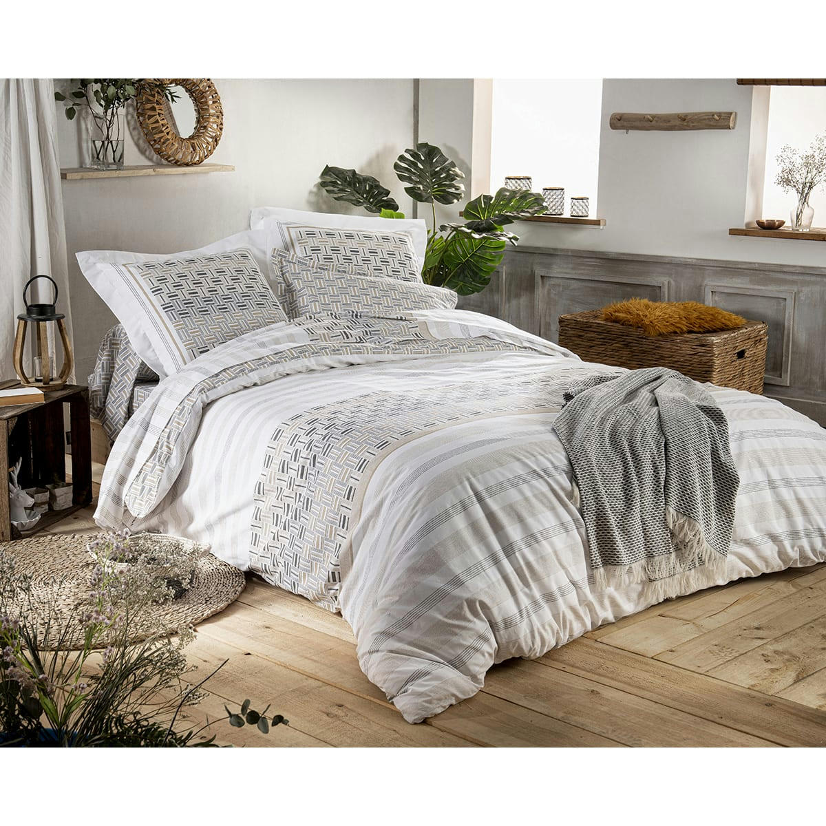 DIEGO - Housse de couette esprit campagne chic coton gris clair 200x200 cm