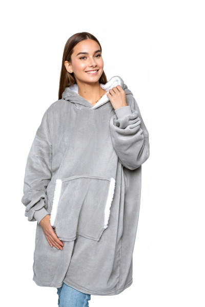 Ciepła gruba bluza z kapturem koc szlafrok kocobluza oversize szara