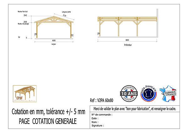 Carport adossé deux pentes 600cmx1150cm bois DOUGLAS Français (Charpente en bois-auvent-abri voiture) 69m². Garantie 10 ans
