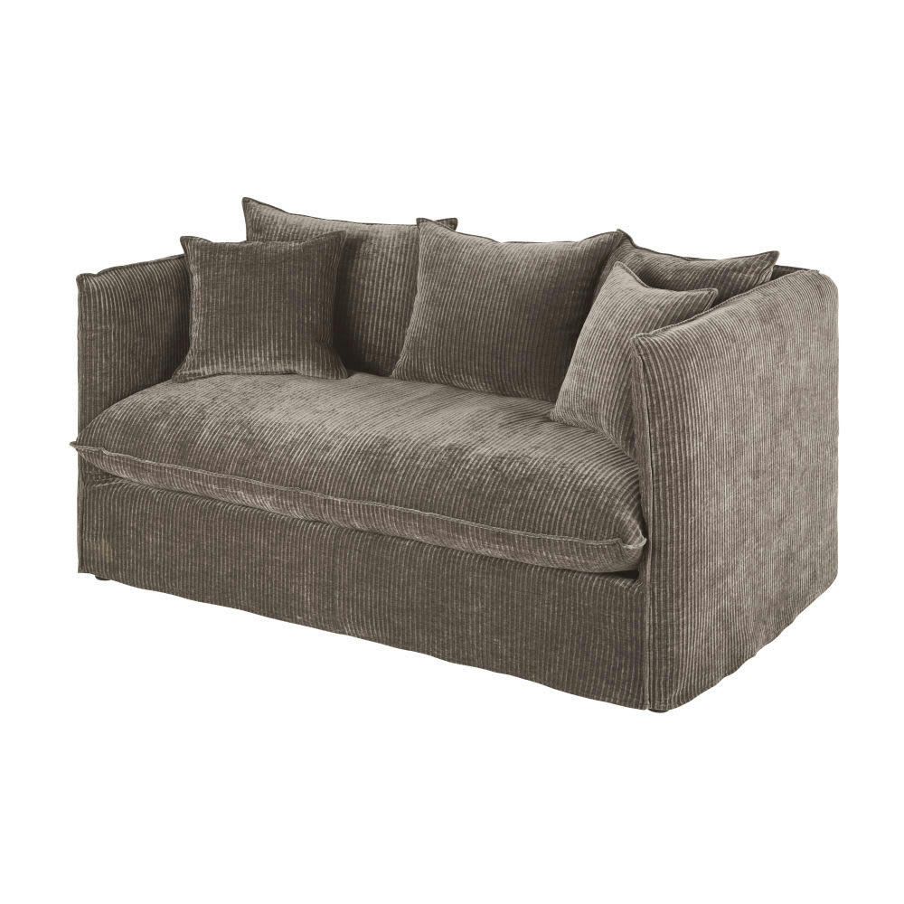 Louvain - Housse de canapé 2 places en velours côtelé marron écorce