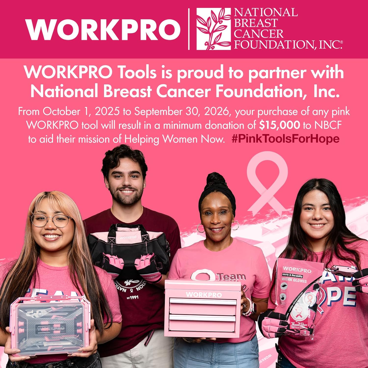 WORKPRO 20V Pink Cordless Drill Driver and Home Tool Set, 141PCS Hand Tool Kit for DIY, Home Maintenance, 2.0 Ah Li-ion Battery, 1 Hour Fast Charger, and Tool Box Included - Pink Ribbon