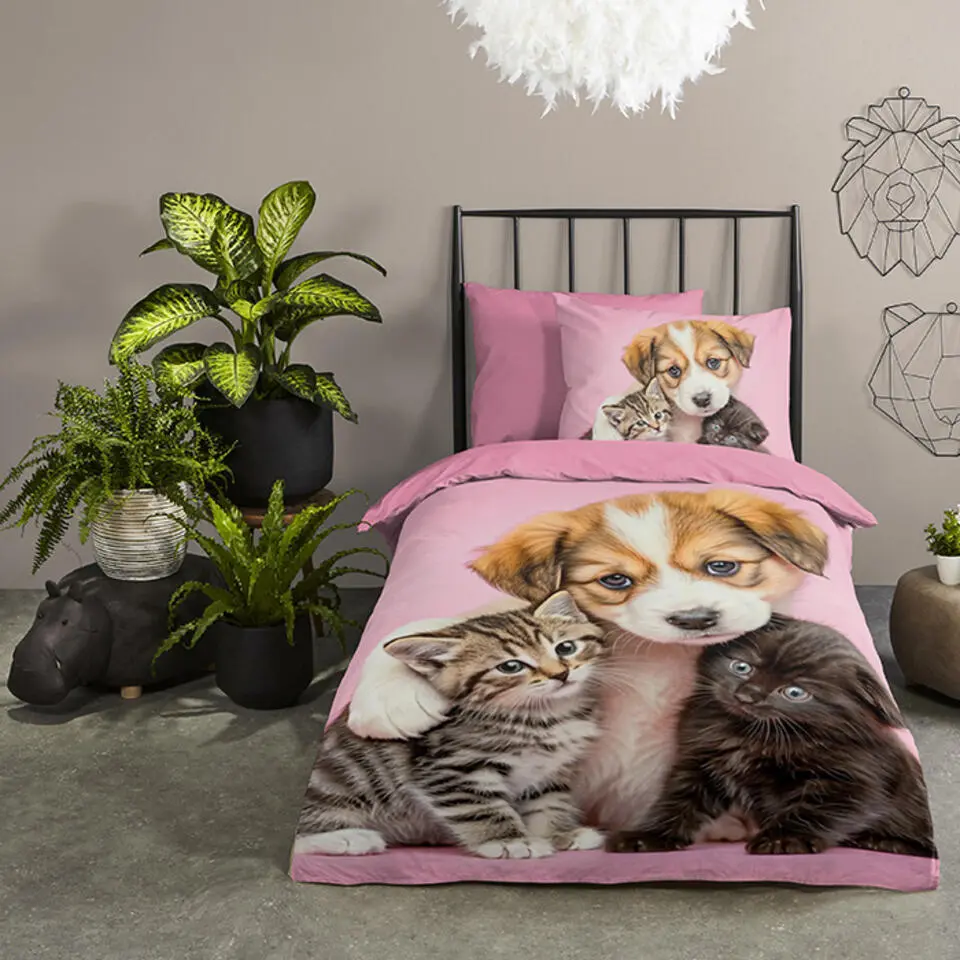 Pure dekbedovertrek hond en poes - 1 persoons 140x200/220 cm - Roze - Microvezel