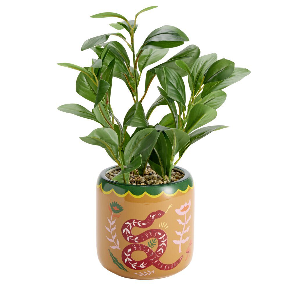 Plante verte artificielle dans pot céramique Indie à motifs Ø14xH25cm (2 modèles)