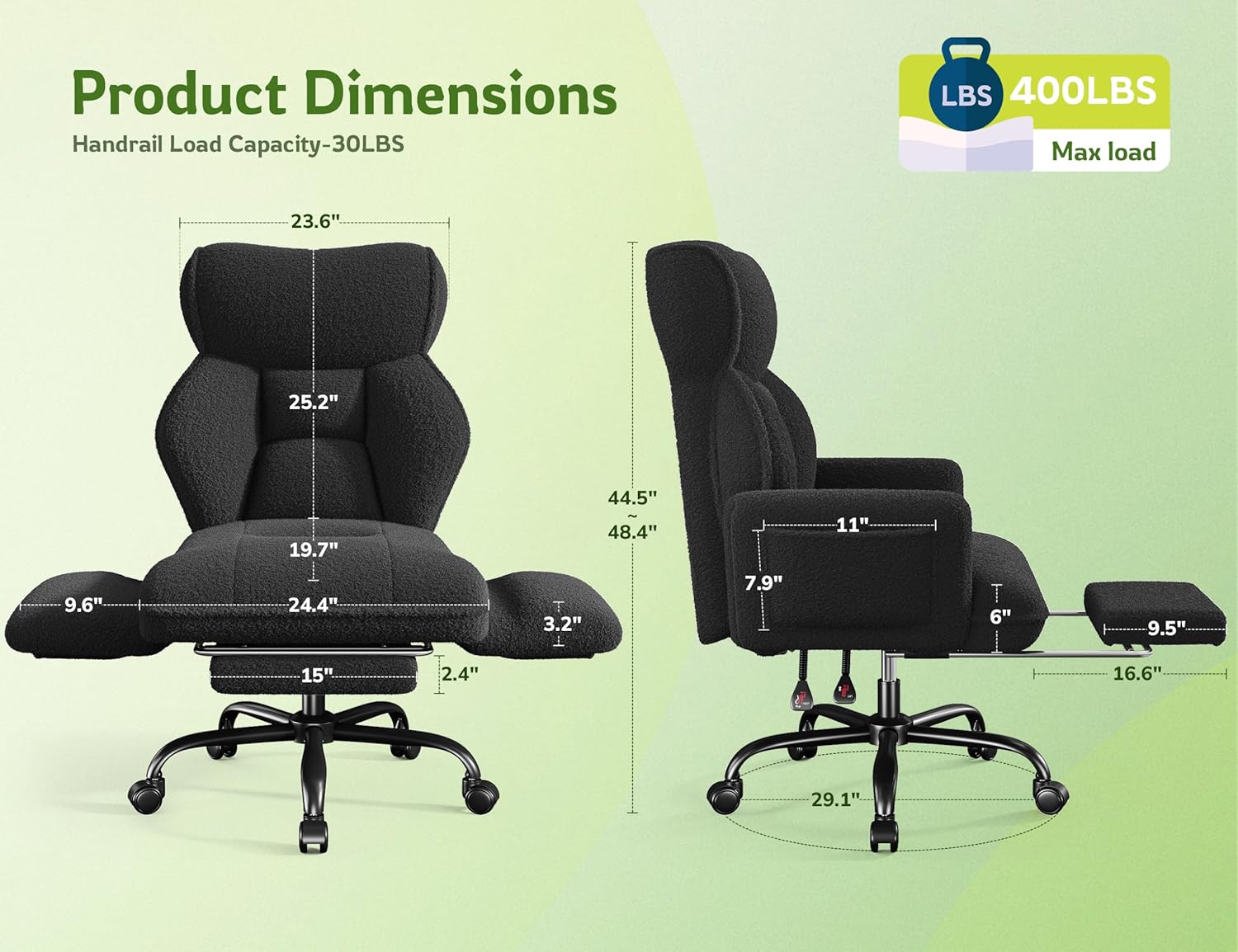 Big and Tall Office Chair with Adjustable Arms and Back, Ergonomic Office Chair with Footrest and Comfortable Fabric for Home Office, Bedroom ，Black
