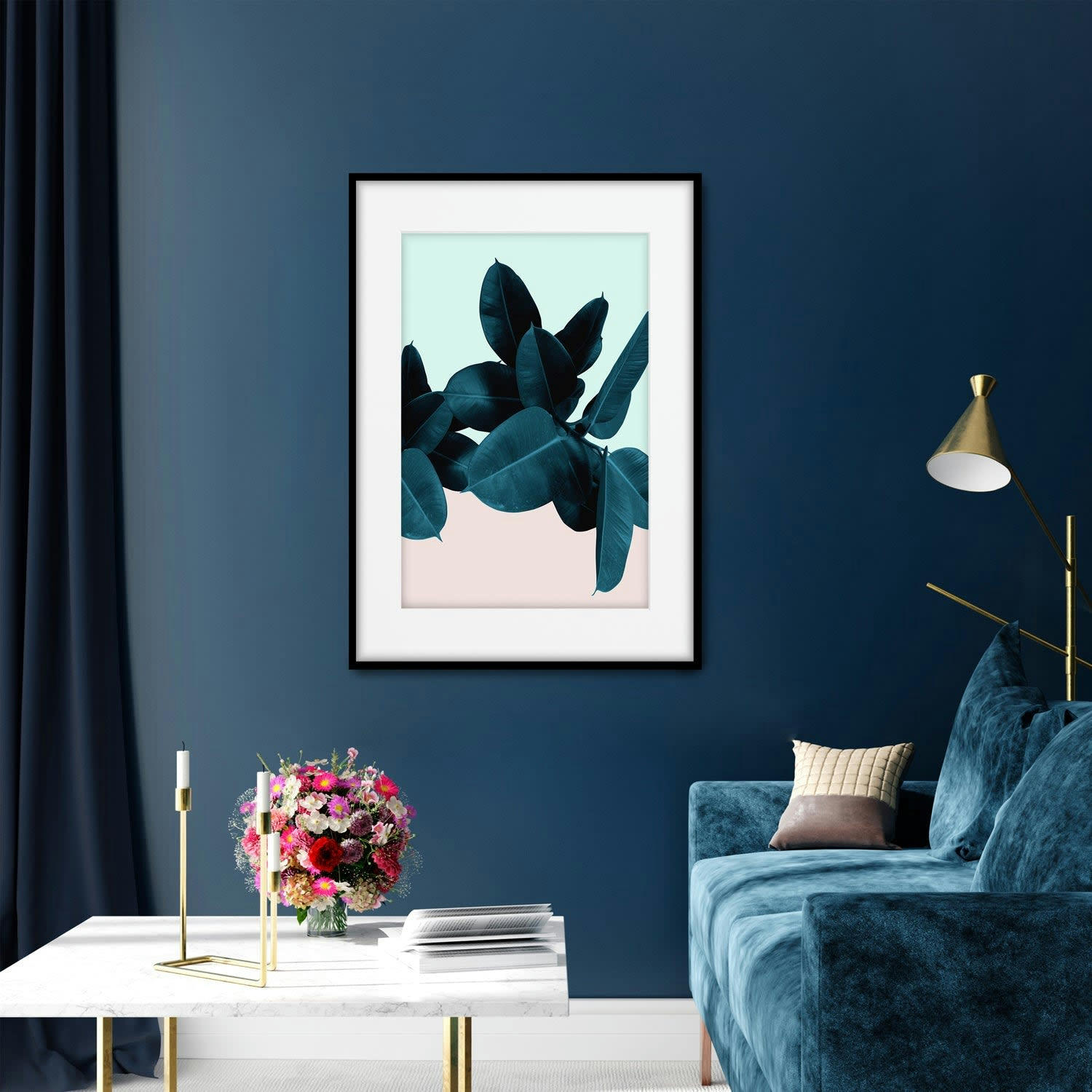 PLANTAS - Affiche cadre noir - Ficus fond bleu et rose - 30x40