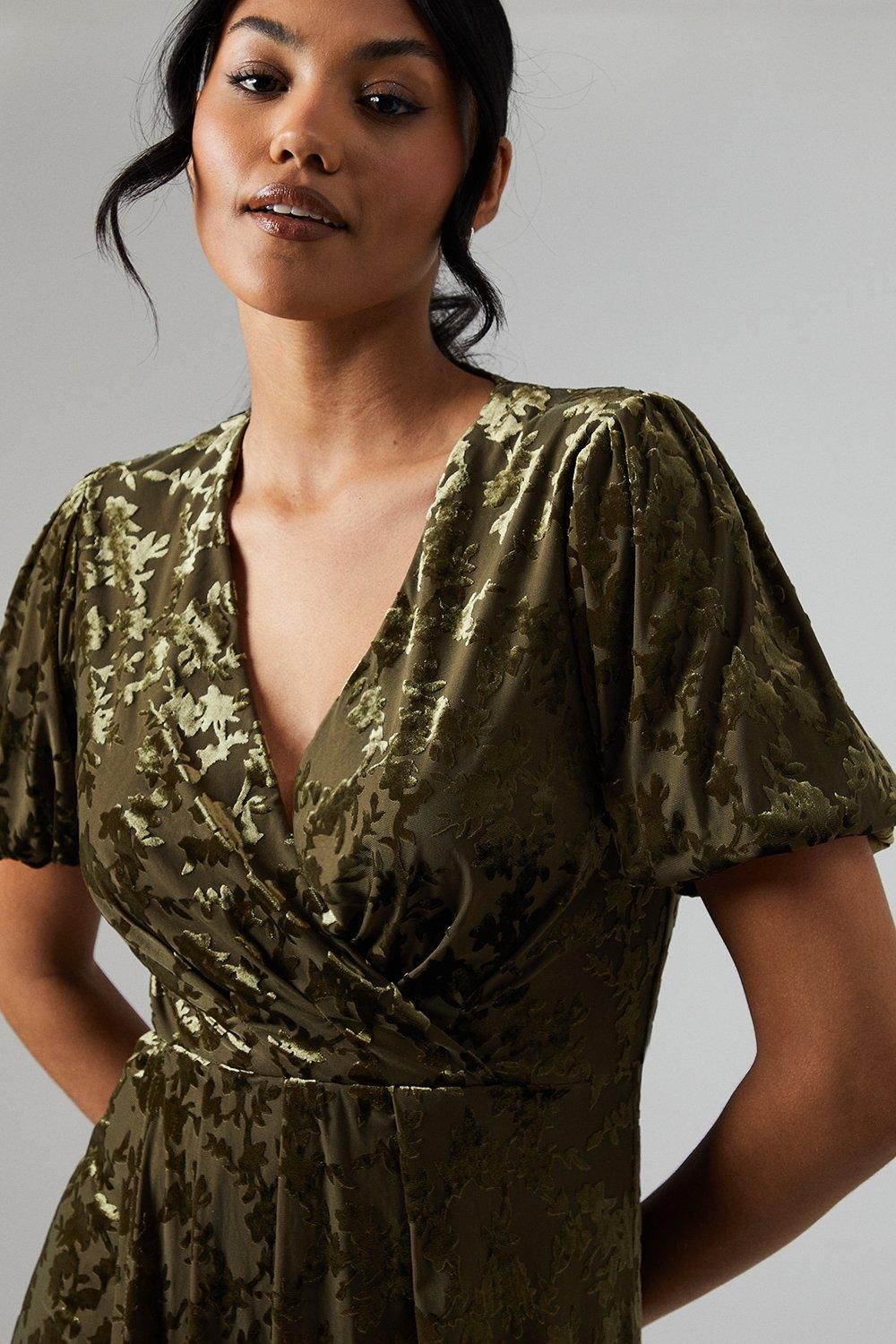 Debut London Debut London By Coast Puff Sleeve Wrap Skirt Devore Midi Dress