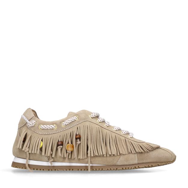 Beige suède sneakers met franjes
