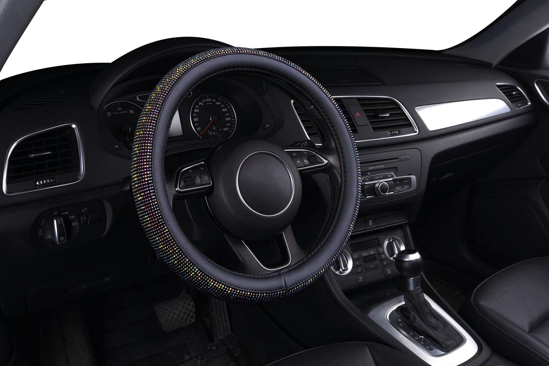 AutoTrends Faux Leather Rainbow Diamond Steering Wheel Cover
