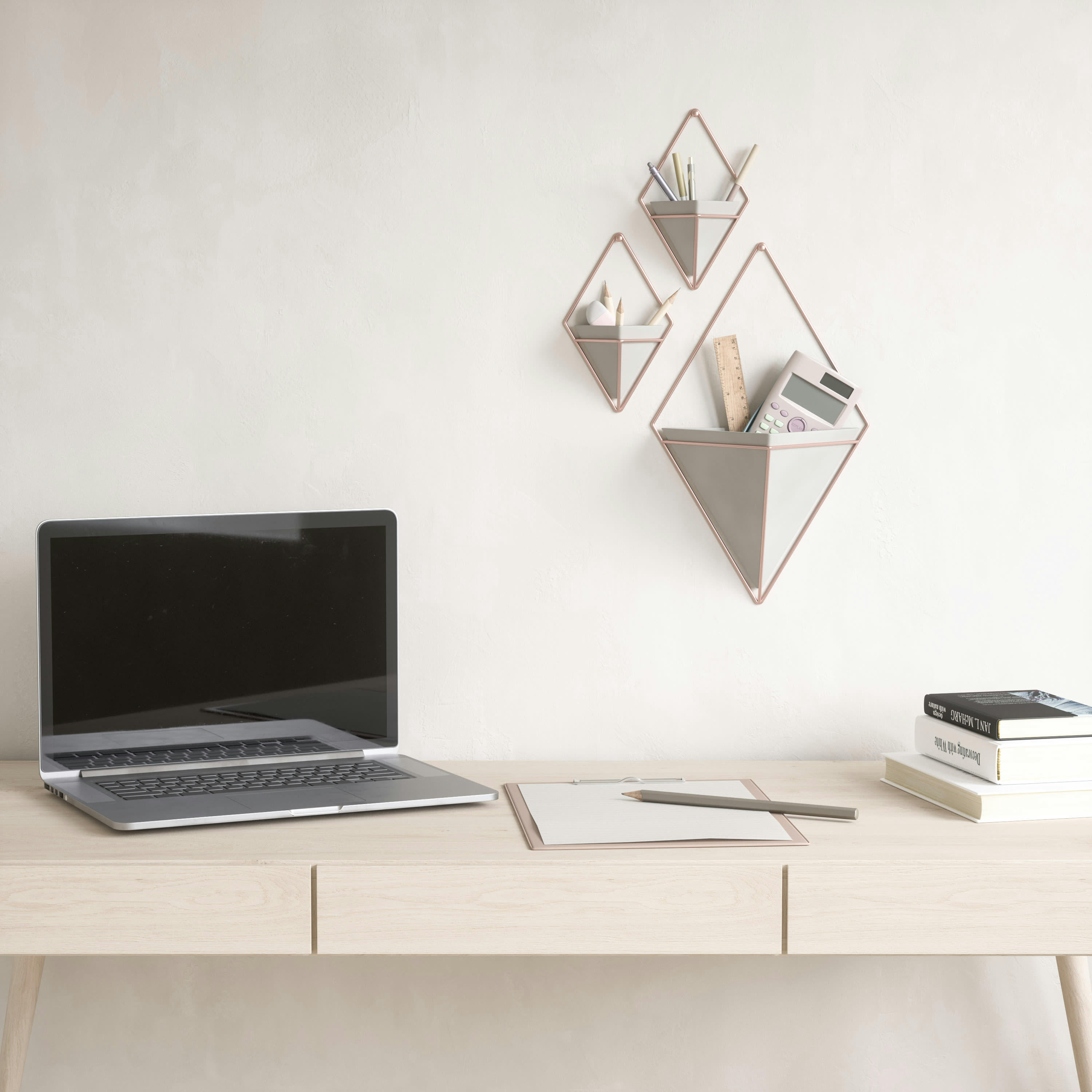 TRIGG - Pot de fleur mural, petit, céramique, gris et cuivre, lot de 2