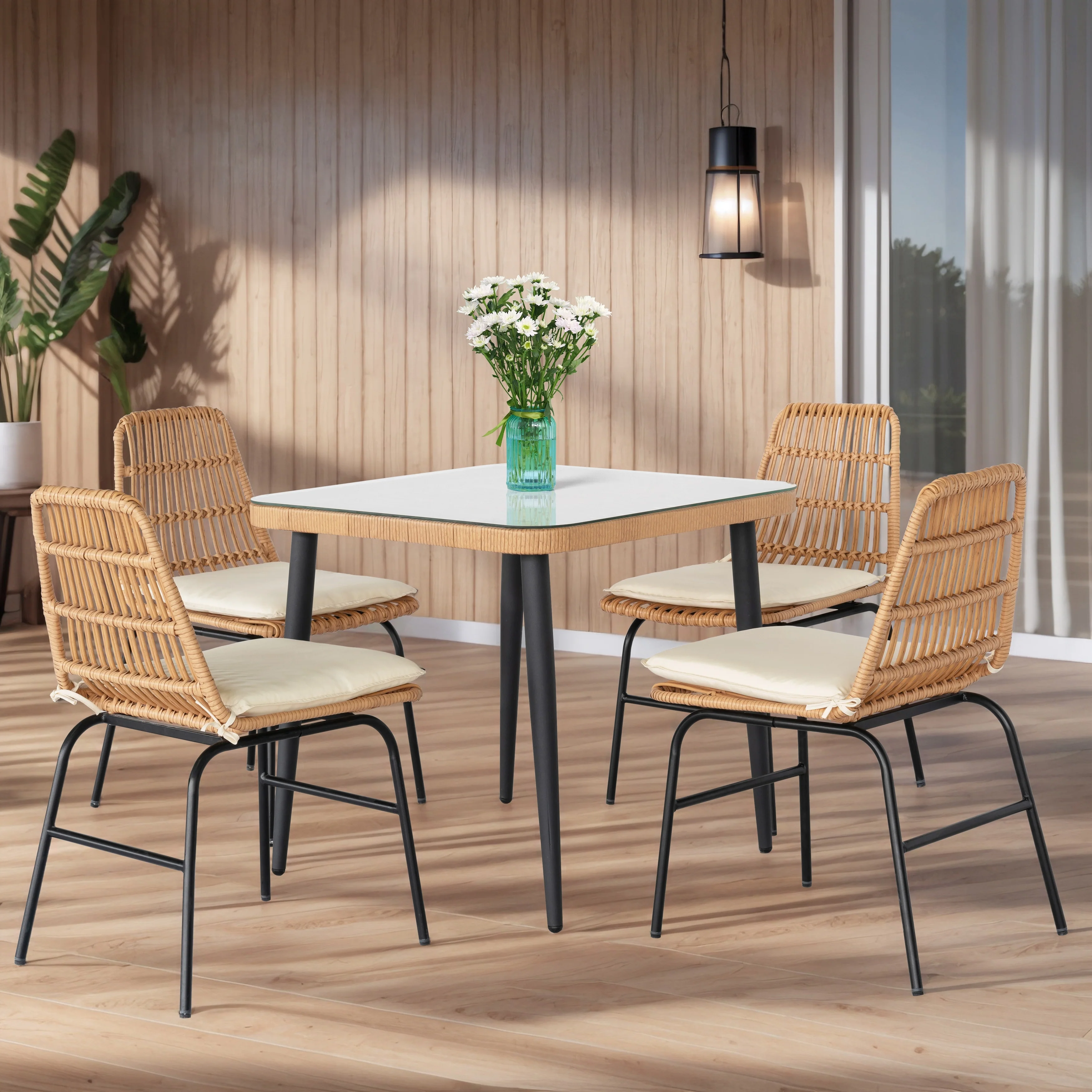 5 Piece Outdoor Dining Set, Glass Table with Woven Chairs for Patio, Balcony & Garden - 24.01L x 20.87W x 28.74H