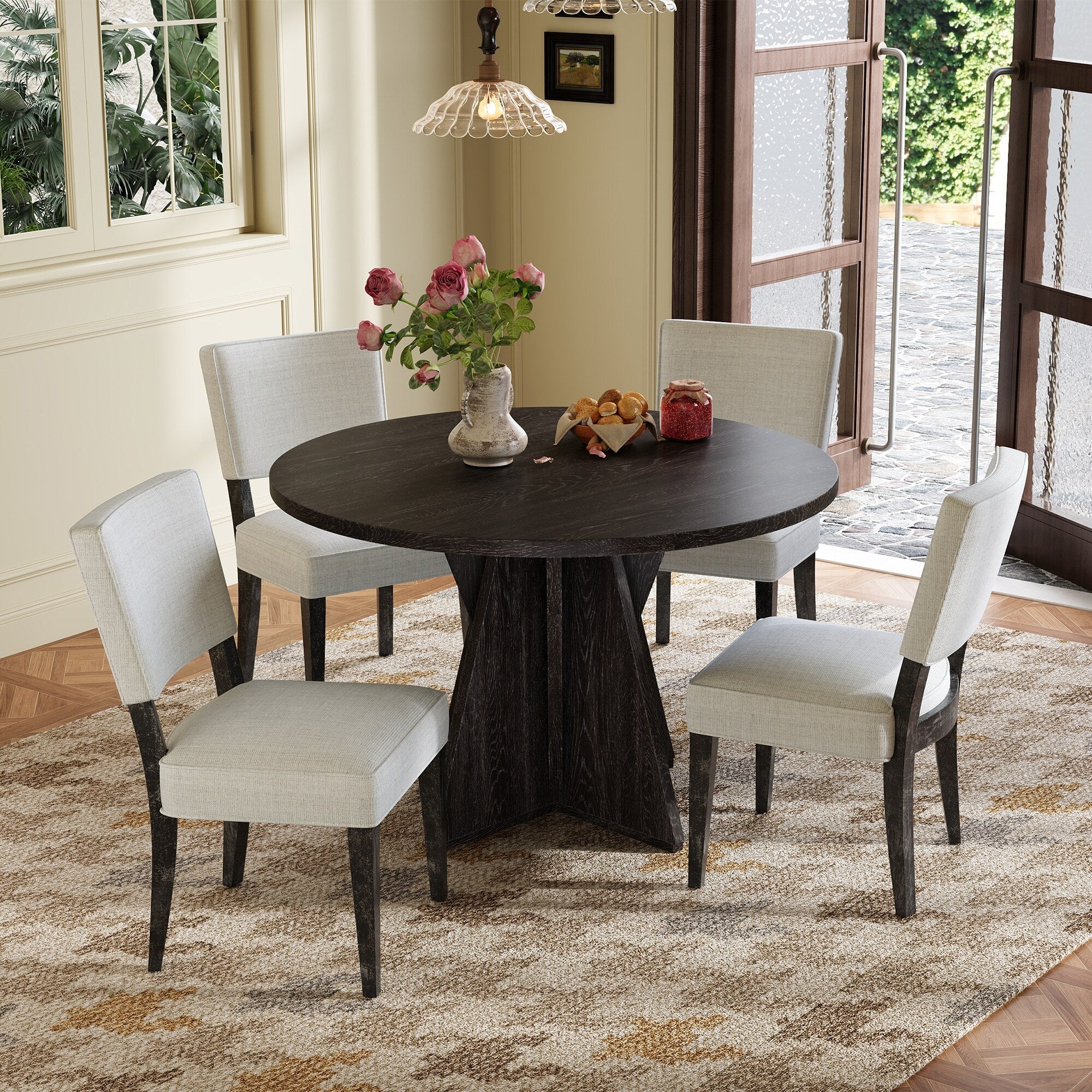 5-Piece Round Wood Dining Table Set with Kitchen Table and Upholstered Chair, Origami-Inspired Triangular Table Base