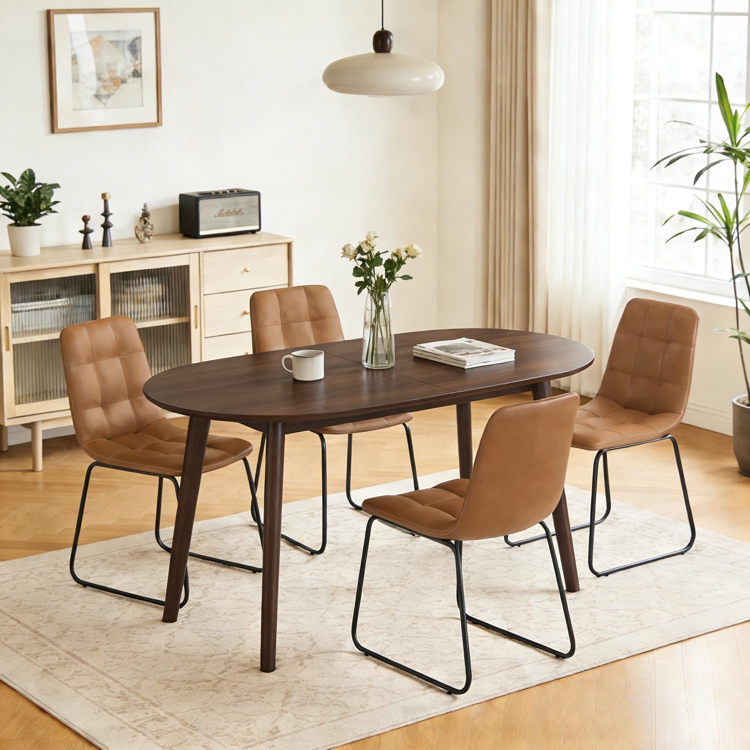 63 Oval Dining Table Set for 4, 5 Piece Modern Dining Table Set for Kitchen and Dining Room, Solid Wood Legs Dining Table with 4 Checkered PU Leather Dining Chairs（Walnut Table+4 Brown Chairs)