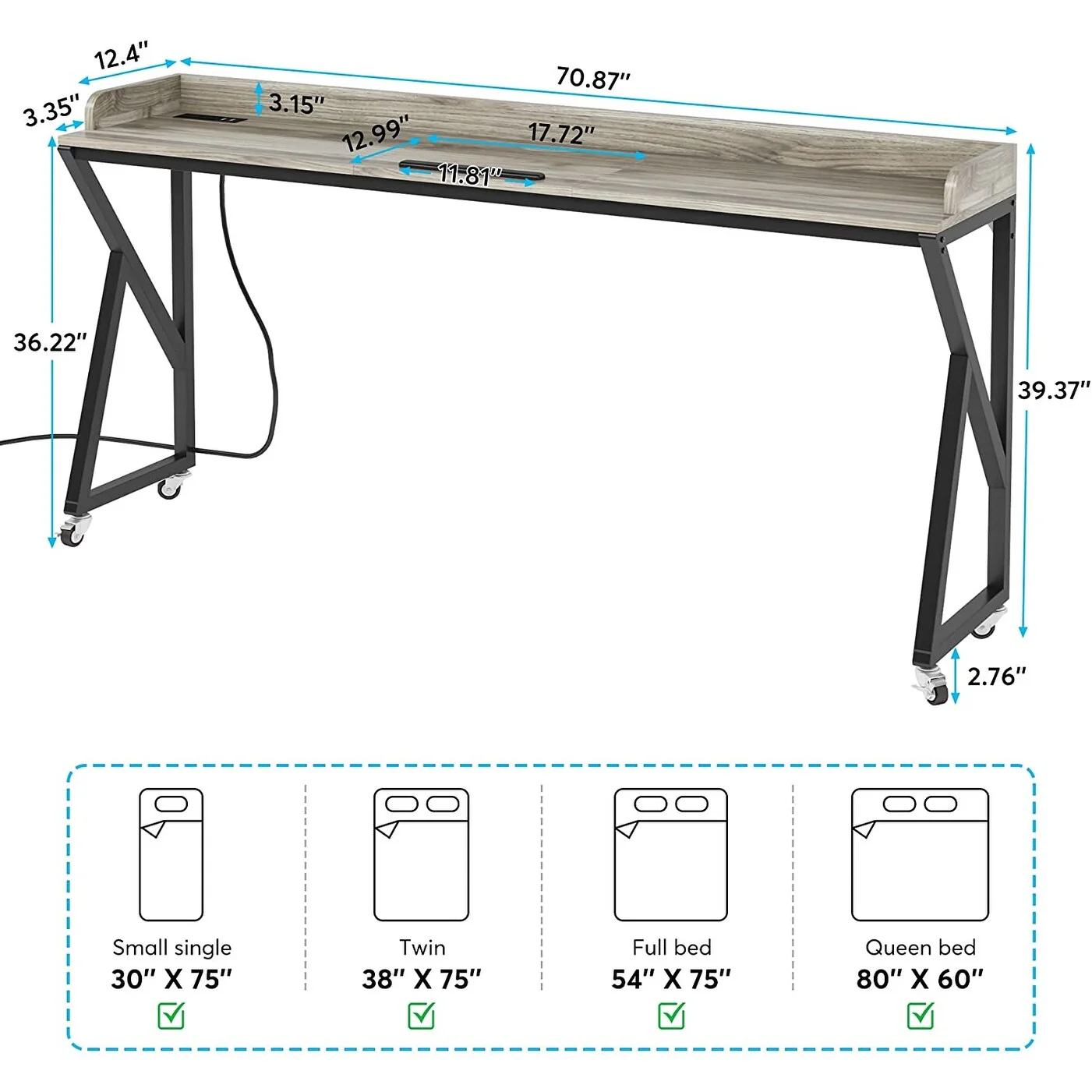 Rolling Overbed Table with Adjustable Tilt Board, AC Outlets & USB