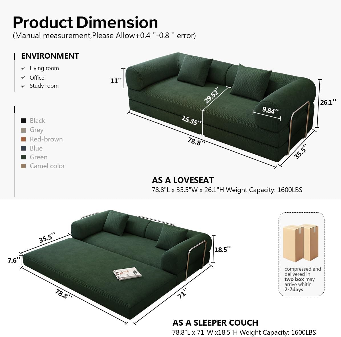 78.8 Modular Sofa Bed - 4-in-1 Convertible Design with Corduroy Fabric and High Density Sponge, Removable Cover and Fixed Frame