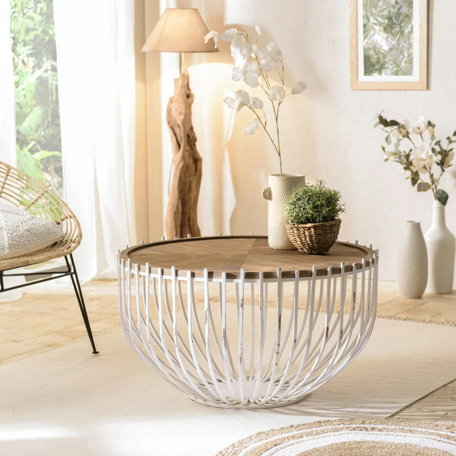 VICTOIRE - Table basse ronde pieds métal blanc vieilli D83