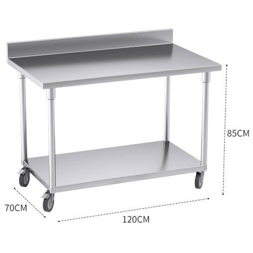 SOGA Commercial Stainless Steel Prep Bench with Backsplash & Casters 120cm