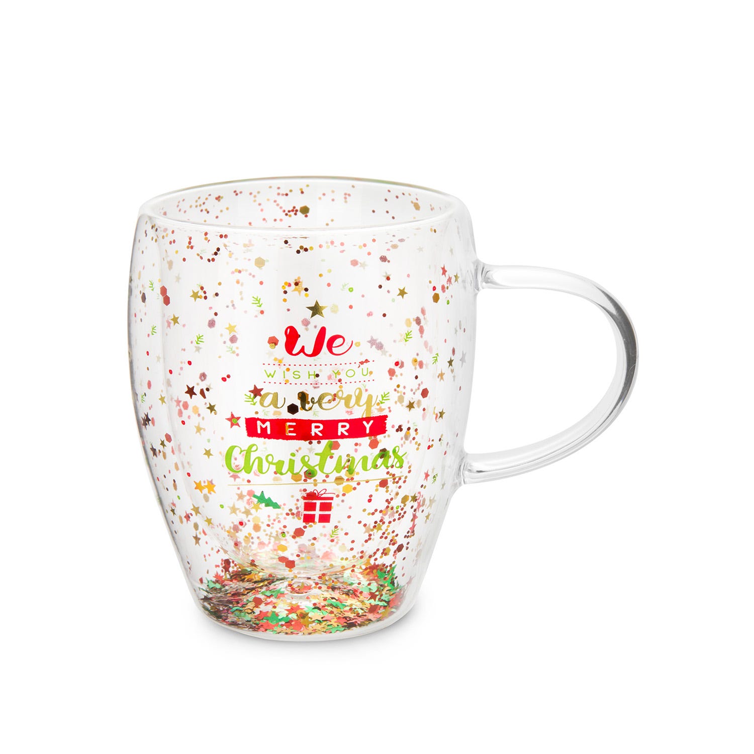 Tazza mug vetro borosilicato Merry Christmas glitter 300 ml