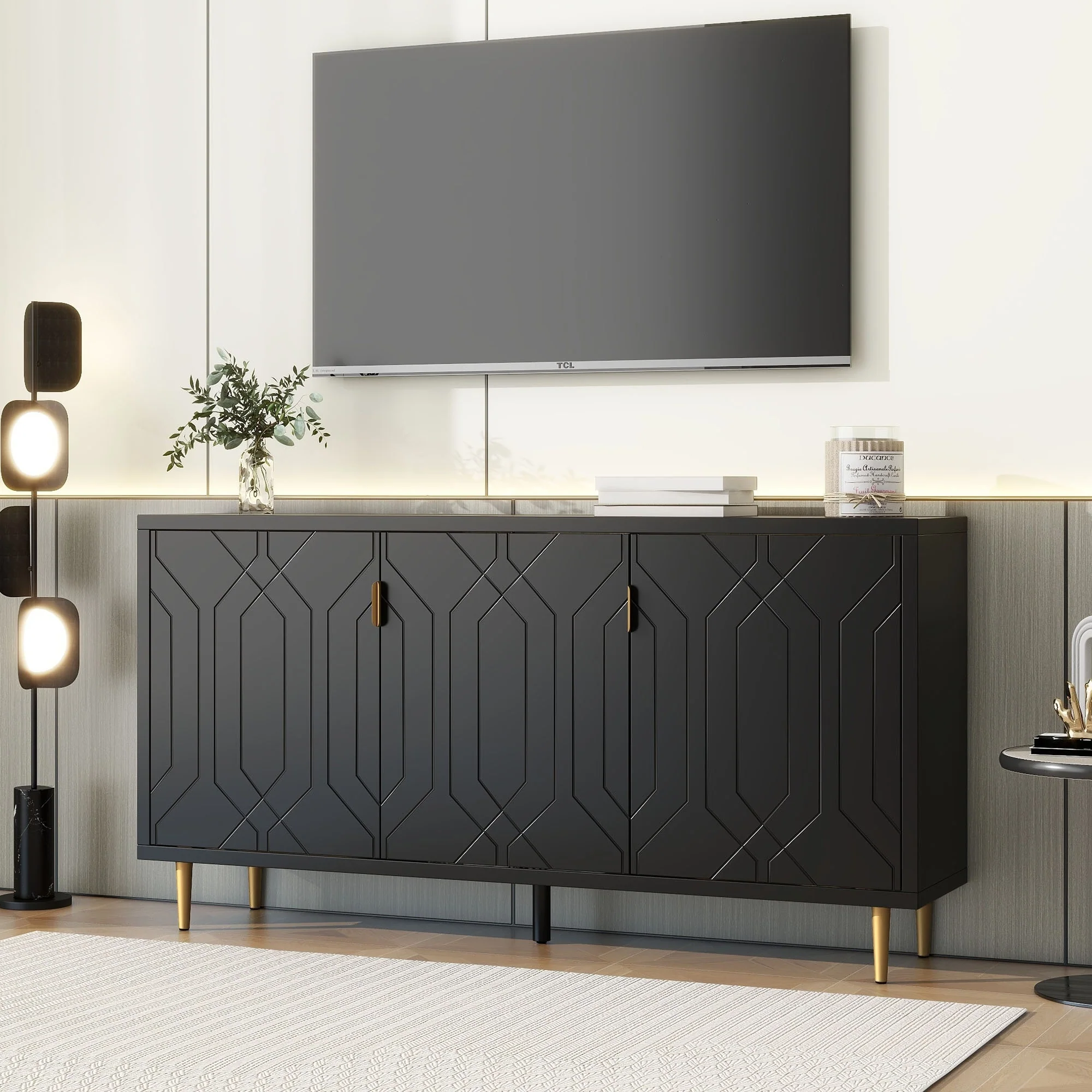 Black 65 Modern TV Stand with Doors & Adjustable Shelves for TVs Up to 70