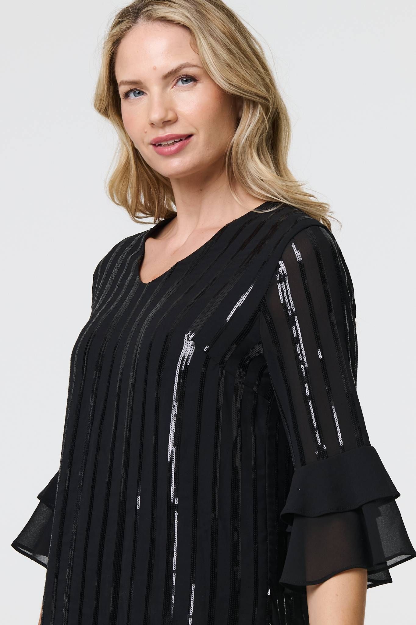Izabel London Sequin Stripe Ruffled 3/4 Sleeve Blouse